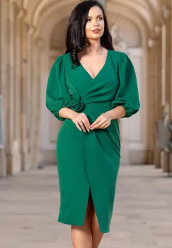 Rochie verde de ocazie conica cu fronseuri si bujori 3D imagine
