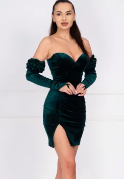 Rochie verde din catifea Irene cu maneci detasabile imagine