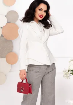 Sacou elegant alb din stofa cu revere si peplum in talie imagine