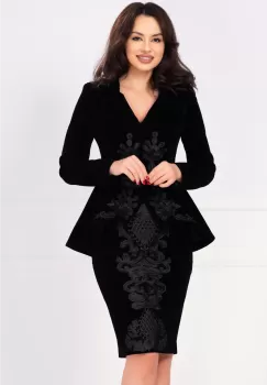 Sacou elegant Effect asimetric din catifea negru cu broderie pretioasa imagine