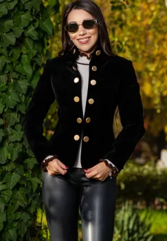 Sacou elegant Effect negru de catifea cu nasturi aurii imagine