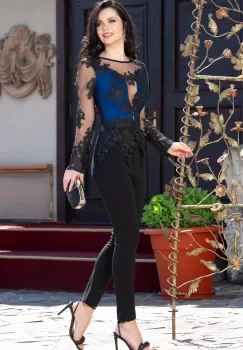 Salopeta dama cambrata Raluca cu broderie aplicata si bust albastru imagine