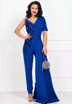 Salopeta eleganta albastru royal cu trena si flori 3D imagine