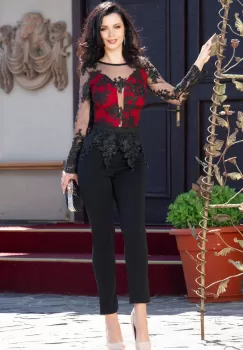 Salopeta eleganta cambrata Raluca cu broderie aplicata si bust rosu imagine