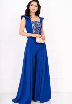 Salopeta eleganta evazata Laura albastra cu broderie aplicata si trena detasabila imagine