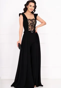 Salopeta eleganta evazata Laura neagra cu broderie aplicata si trena detasabila imagine