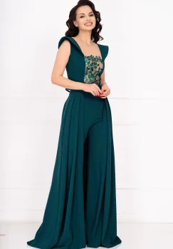 Salopeta eleganta evazata Laura verde cu broderie aplicata si trena detasabila imagine