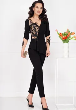 Salopeta eleganta neagra cu peplum in talie si aplicatii brodate imagine