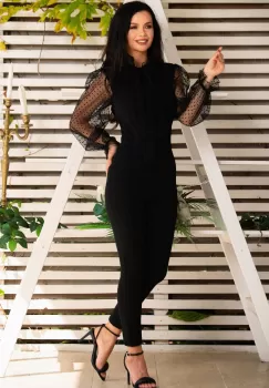 Salopeta neagra eleganta cu maneci din tulle cu buline mini imagine