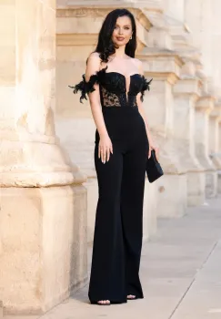 Salopeta neagra eleganta evazata Leonor cu fulgi la umeri imagine