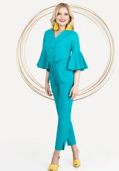 Salopeta Pretty Girl din in turquoise cu maneca clopot imagine