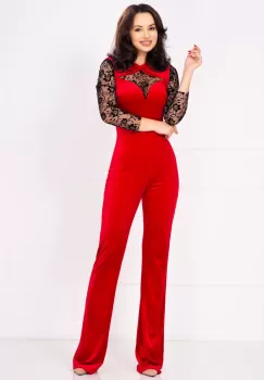 Salopeta rosie eleganta Deniss din catifea cu insertii din tulle imagine