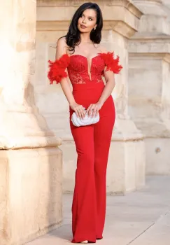 Salopeta rosie eleganta evazata Leonor cu fulgi la umeri imagine