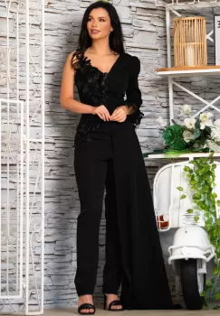 Salopeta Scarlett neagra eleganta cu flori 3D si trena imagine