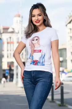 Tricou casual alb cu imprimeu trendy imagine