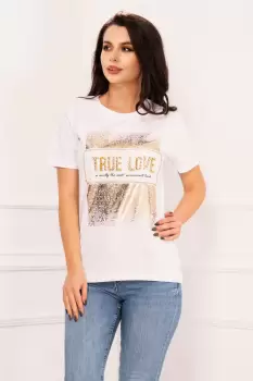 Tricou chic alb True Love cu aplicatii aurii imagine