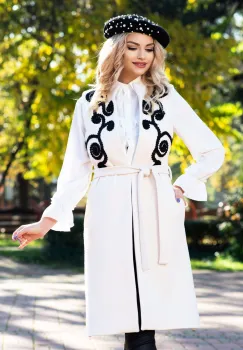 Vesta Effect lunga din stofa ivoire cu insertii la bust buzunare laterale si cordon in talie imagine