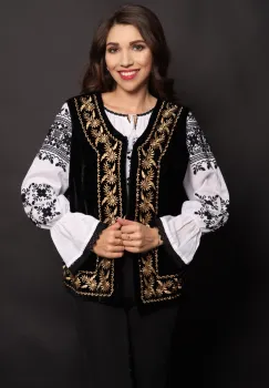 Vesta nationala Margareta din catifea cu broderie florala aurie imagine