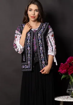 Vesta traditionala Carmela neagra cu broderie florala imagine