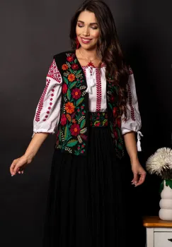 Vesta traditionala dama Florenta neagra cu broderie florala bogata imagine