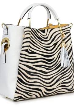 Geanta din piele cu par de ponei Fabiana alb/zebra imagine