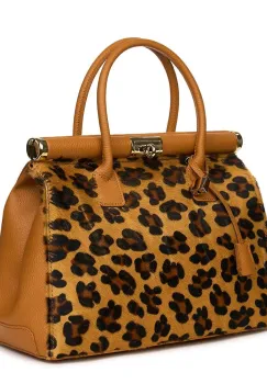 Geanta piele cu par de ponei Bianca coniac/animal print imagine