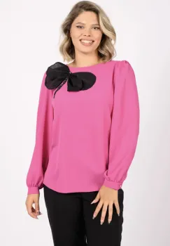 Bluza casual roz cu accesoriu fluture imagine