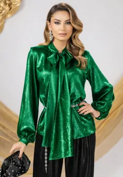 Bluza dama verde cu esarfa maxi si efect metalizat imagine