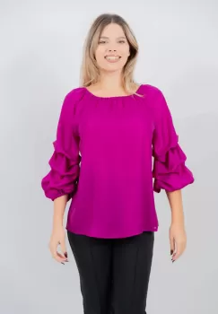 Bluza eleganta fucsia cu falduri la maneci din voal peliculizat imagine