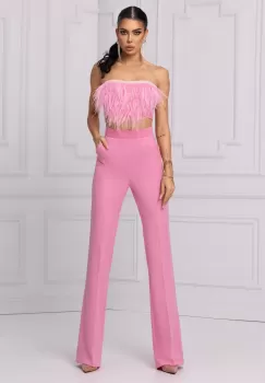 Bustiera eleganta roz cu pene si perle imagine