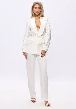 Compleu alb prevazut cu strasuri si pantaloni evazati imagine