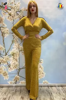 Compleu casual mustar cu jacheta petrecuta si pantalon usor evazat imagine