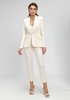 Compleu elegant ecru format din pantaloni cu talie inalta si sacou cambrat imagine