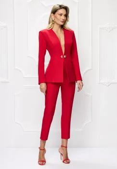 Compleu elegant rosu format din sacou cambrat si pantaloni conici cu talie inalta imagine