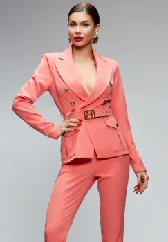 Compleu elegant somon din doua piese cu pantaloni conici cu talie inalta imagine