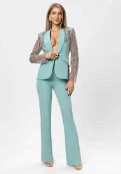 Compleu elegant verde menta cu maneci din broderie imagine