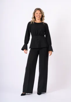 Compleu negru elegant format din pantaloni clopot si bluza cu volan la talie imagine