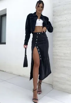 Fusta din blug neagra cu nasturi imagine