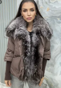Geaca maro/gri cu blana naturala detasabila si puf de gasca imagine