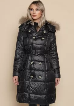 Geaca neagra cu blana naturala si inchidere cu doua randuri de nasturi imagine