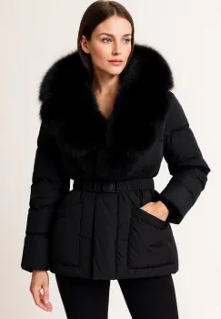 Geaca neagra prevazuta cu blana naturala detasabila si centura pe elastic imagine