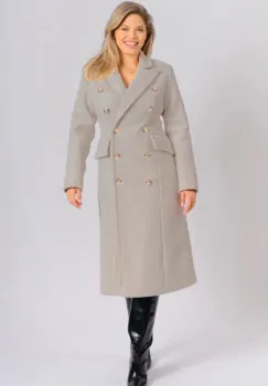 Palton dama bej cambrat cu doua randuri de nasturi si buzunare laterale imagine