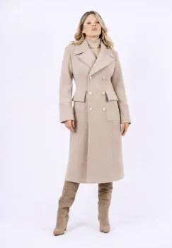Palton dama bej cambrat cu doua randuri de nasturi si buzunare laterale imagine