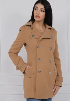 Palton dama bej cu doua randuri de nasturi si buzunare laterale imagine