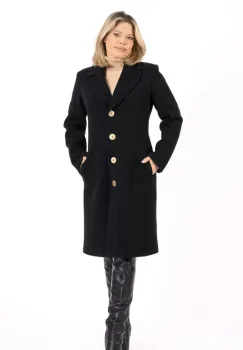 Palton dama cambrat negru cu nasturi metalici si buzunare laterale imagine