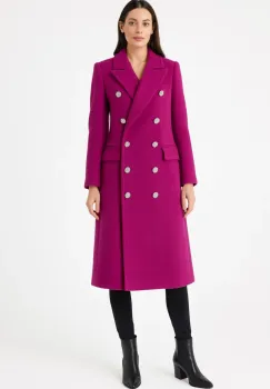 Palton dama fucsia cambrat cu lungimea midi prevazut cu doua randuri de nasturi metalici aurii imagine