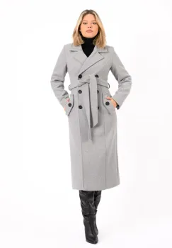 Palton dama gri lung cu talia marcata de un cordon detasabil si doua randuri de nasturi imagine