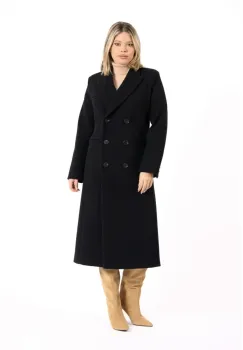 Palton dama negru din stofa cu lana midi cu slit imagine