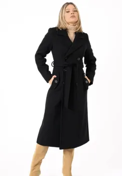 Palton dama negru lung cu doua randuri de nasturi imagine
