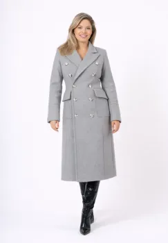 Palton gri cambrat cu slit la spate si doua randuri de nasturi metalici imagine